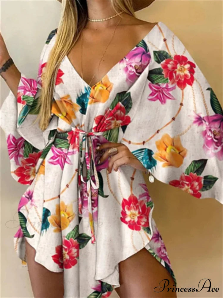 Attractive V-neck Bat Sleeve Bohemian Floral Beach Sundress oldfloraldress-250126