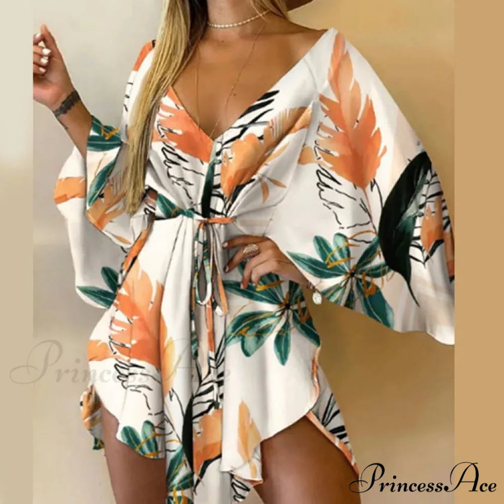 Attractive V-neck Bat Sleeve Bohemian Floral Beach Sundress Orange / S oldfloraldress-250126