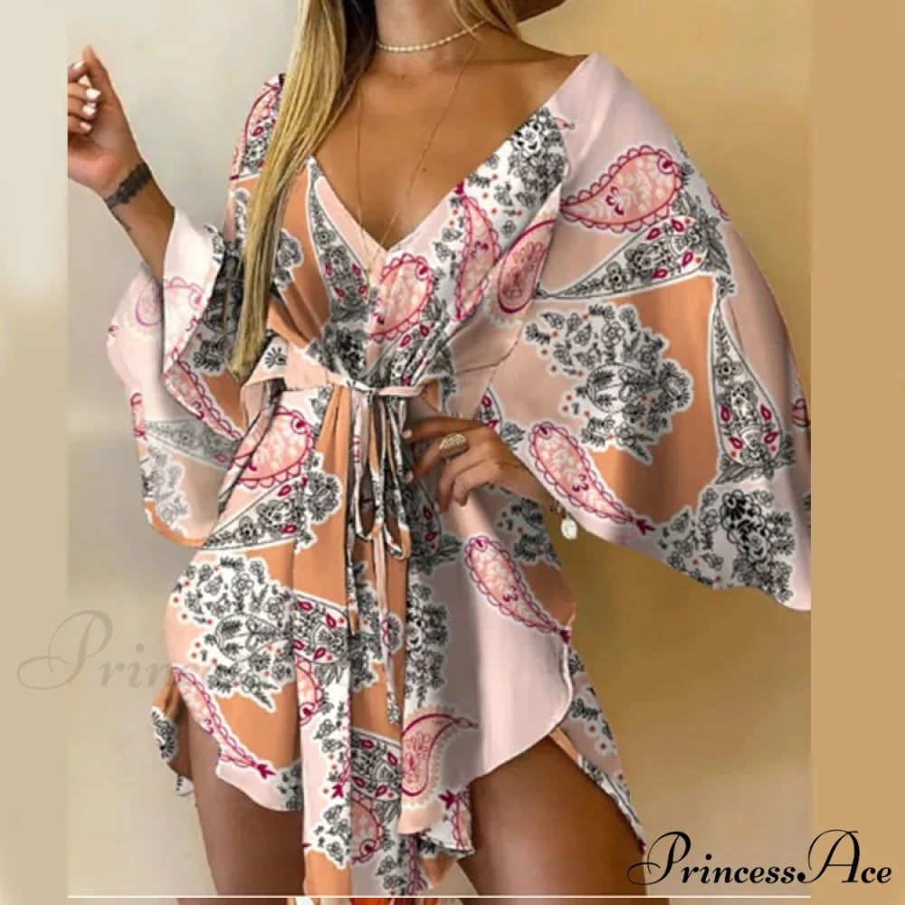 Attractive V-neck Bat Sleeve Bohemian Floral Beach Sundress Pink / S oldfloraldress-250126