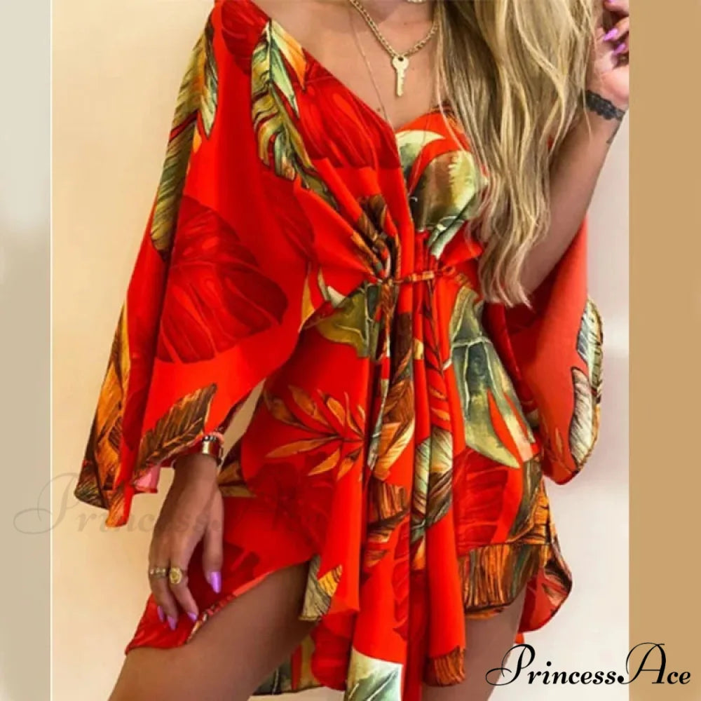 Attractive V-neck Bat Sleeve Bohemian Floral Beach Sundress Red / S oldfloraldress-250126