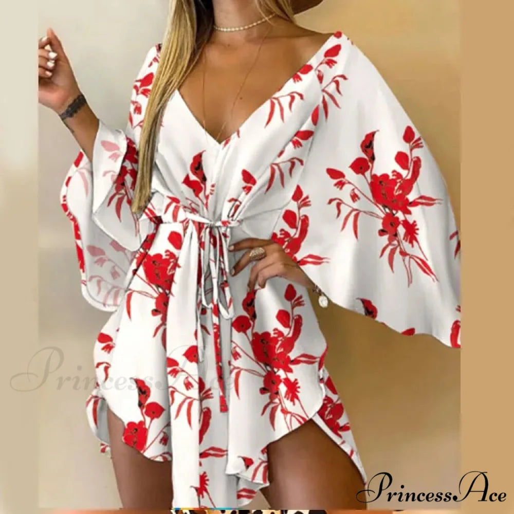 Attractive V-neck Bat Sleeve Bohemian Floral Beach Sundress WHITE / S oldfloraldress-250126