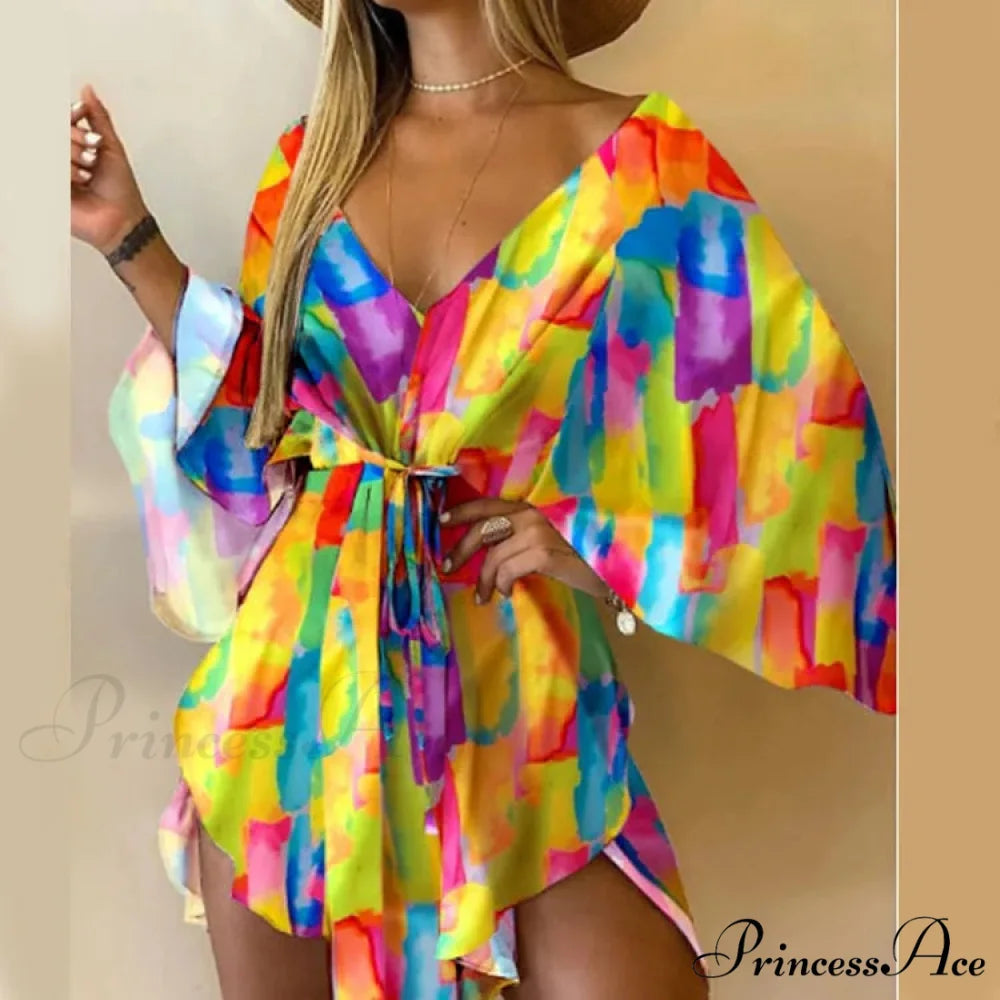 Attractive V-neck Bat Sleeve Bohemian Floral Beach Sundress Yellow / S oldfloraldress-250126