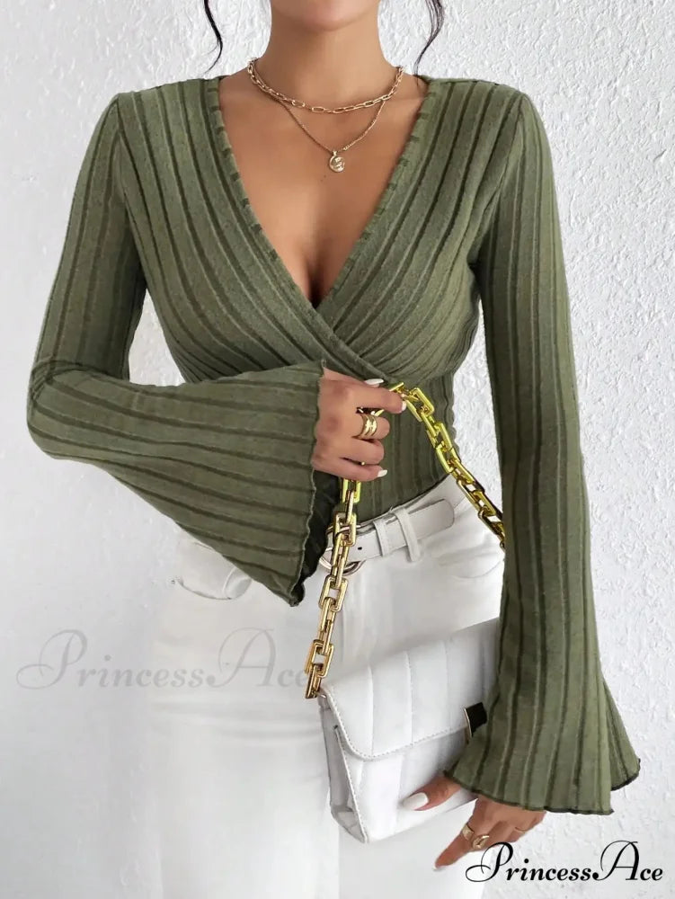 Attractive V-Neck Monochrome Slim Long Sleeve T-shirt Women Army green / XS knittop-250126