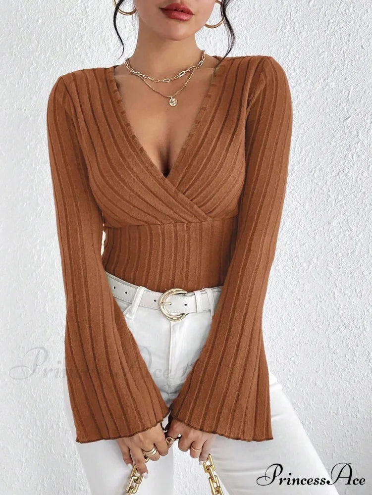 Attractive V-Neck Monochrome Slim Long Sleeve T-shirt Women coralito / XS knittop-250126