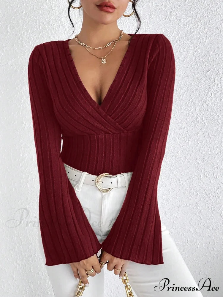 Attractive V-Neck Monochrome Slim Long Sleeve T-shirt Women wine red / XS knittop-250126