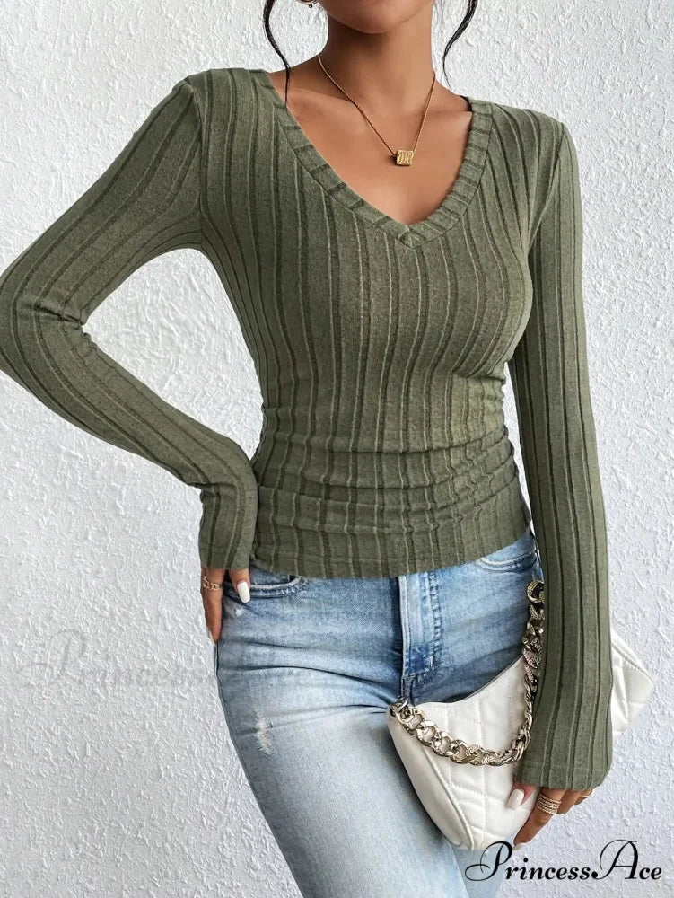 Attractive V-Neck Premium Spice Sweater Knitted Top Women army green / XS knittop-250126