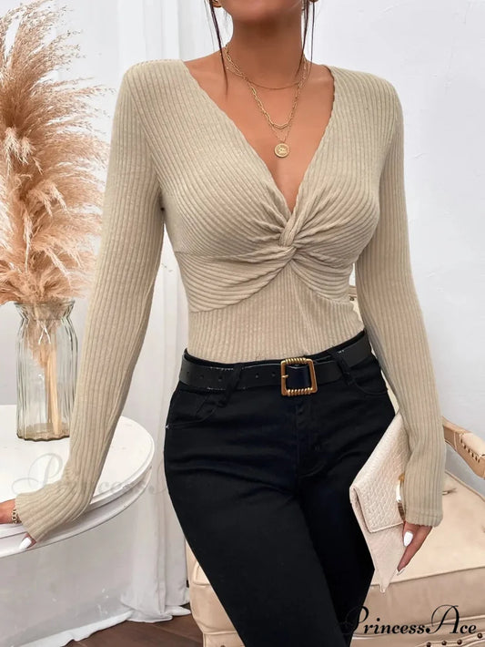 Attractive V-Neck Ruffled Tied Long Sleeve Knitted Top Women khaki / XS knittop-250126