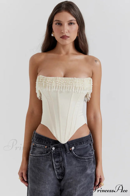 Aubrie Vintage Cream Charming White Beaded Bra