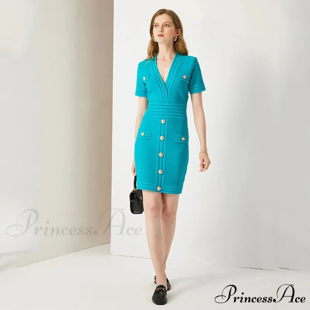 AURETA KNITTED Stylish MINI DRESS Sky blue / L