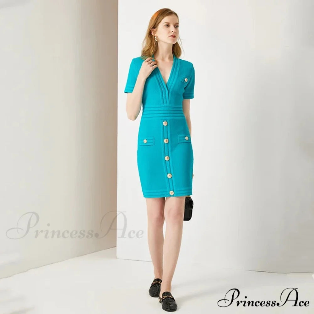 AURETA KNITTED Stylish MINI DRESS Sky blue / M
