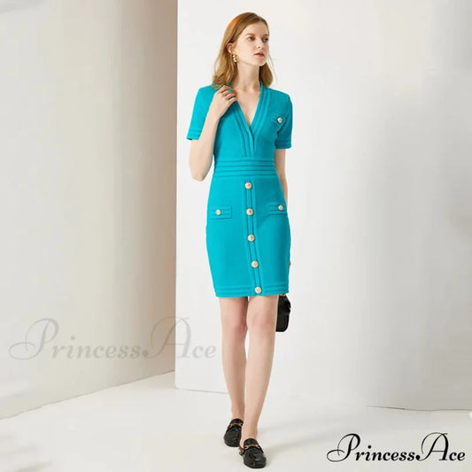 AURETA KNITTED Stylish MINI DRESS Sky blue / M