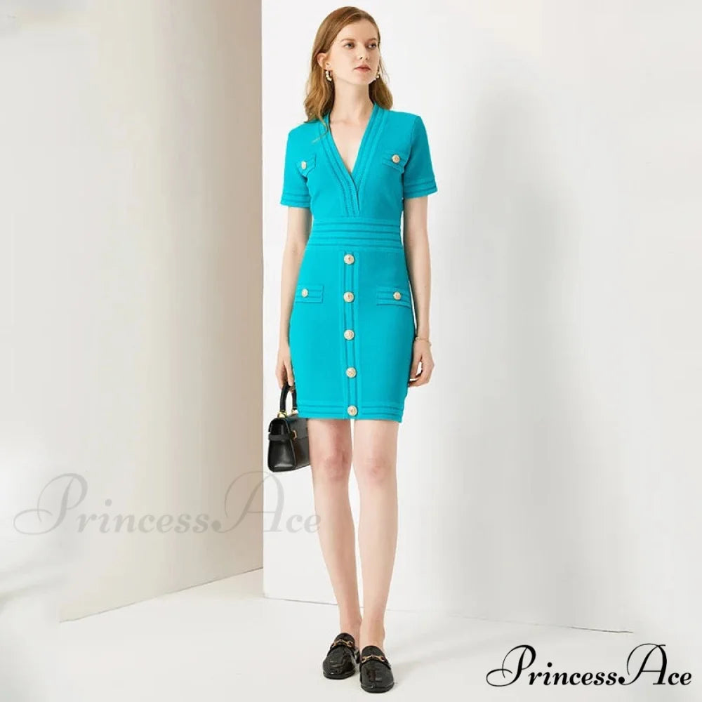 AURETA KNITTED Stylish MINI DRESS Sky blue / S