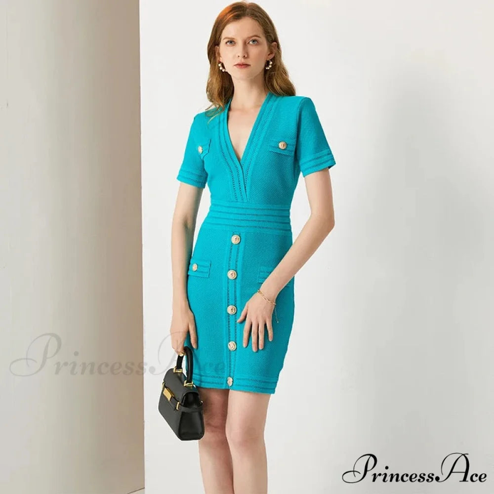 AURETA KNITTED Stylish MINI DRESS Sky blue / XL