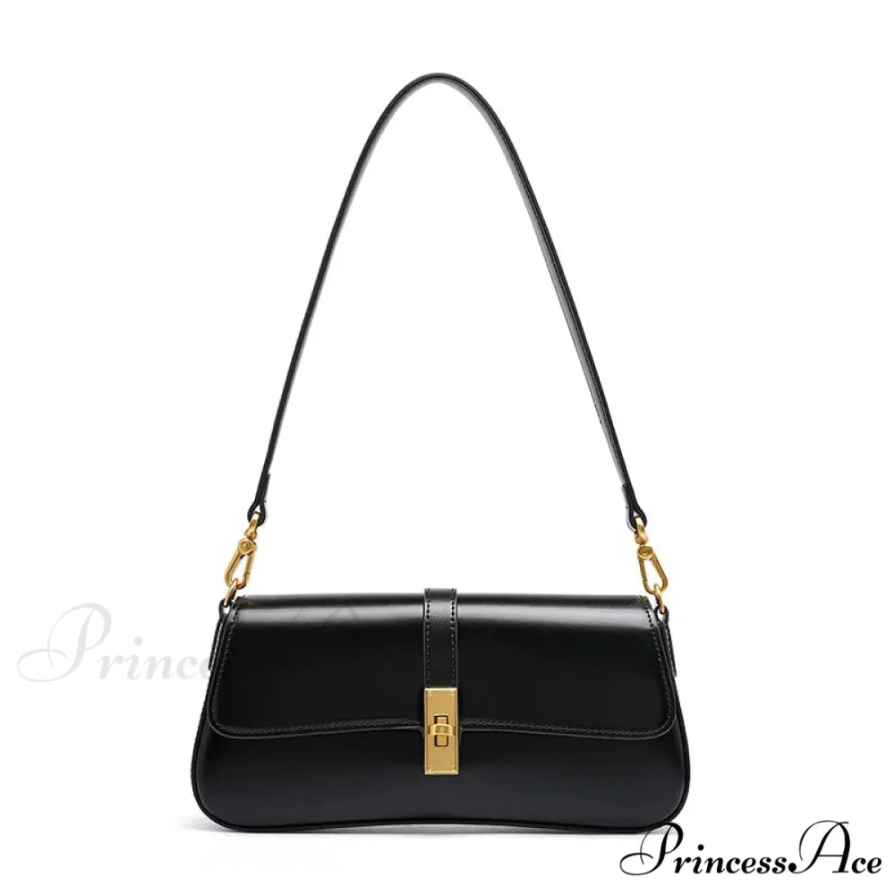 Authentic Leather French Bread Shoulder Purse Black shoulder-250126