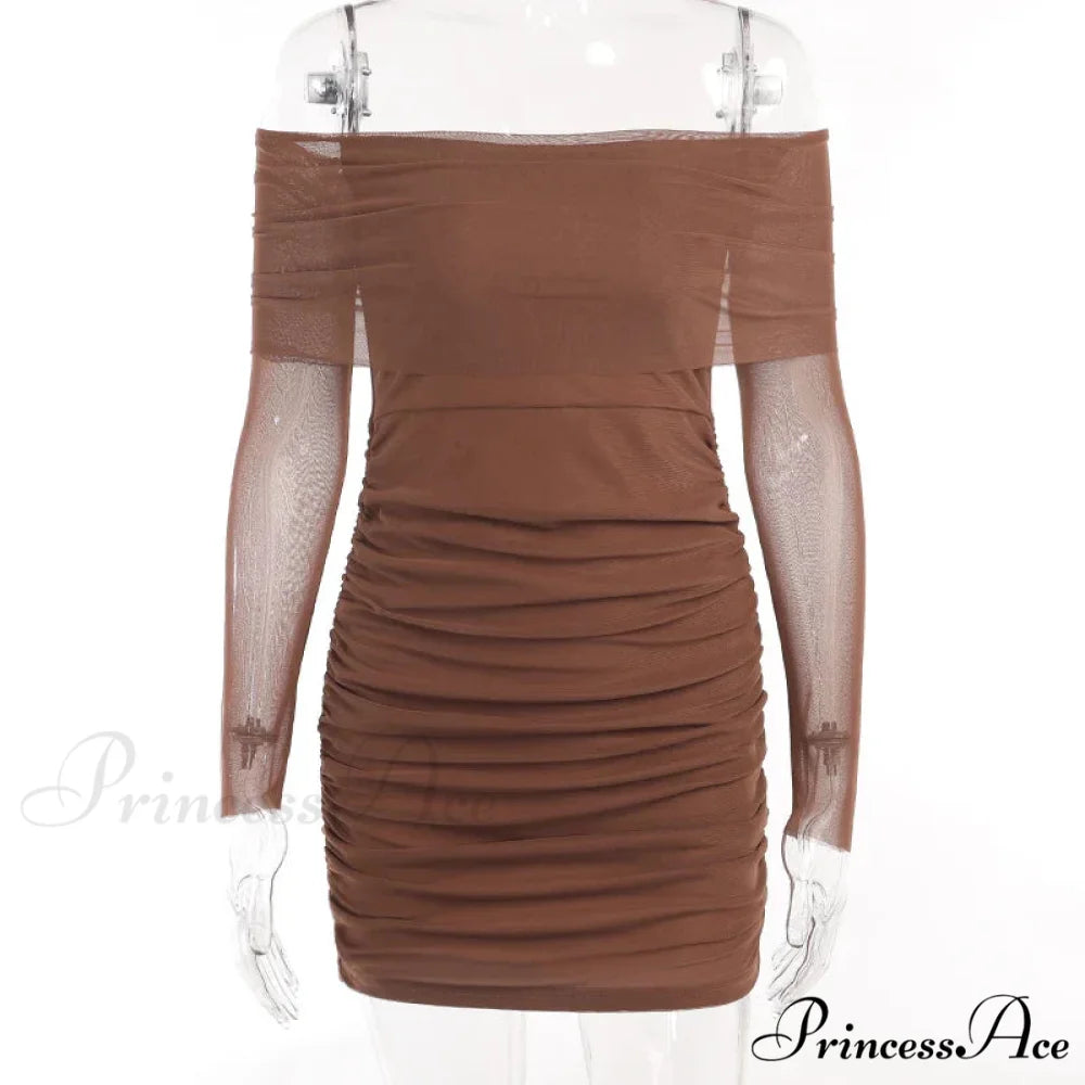 Autumn and Winter New Off Shoulder Knitted Slim Pleated Long Sexy Bodycon Dress Dark Brown / S