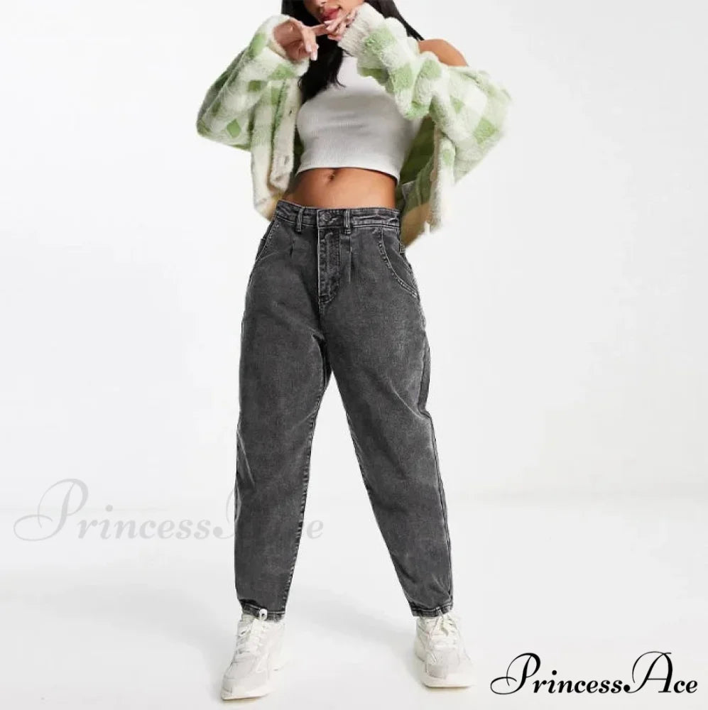 Autumn Black Washed Casual Tapered Slant Pockets Straight Legs Mom Denim Dark Grey / XS