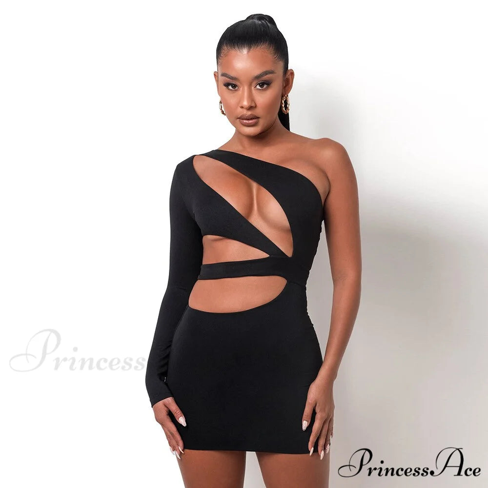 Autumn Bodycon - White Out Shoulder Evening Women Club Gown - Cut One Dress black stretchy dress / XS