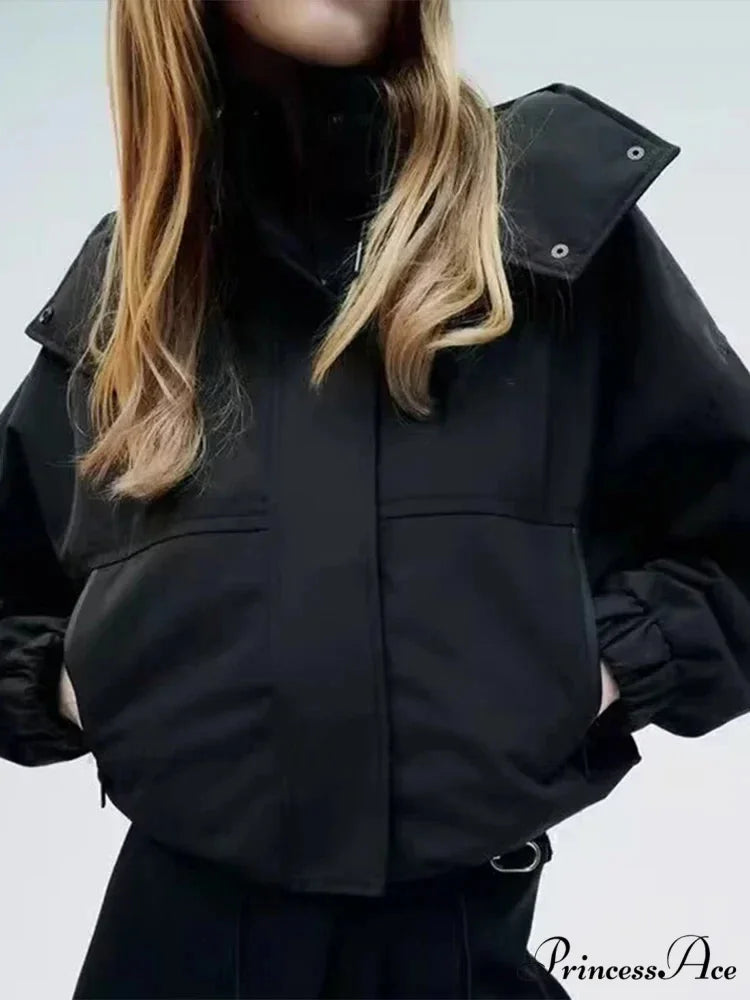 Autumn Chic Stand Collar Hooded Long Sleeves Zipper Pocket Crop Warm Stylish Coat