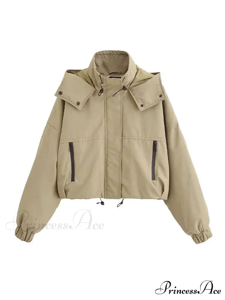 Autumn Chic Stand Collar Hooded Long Sleeves Zipper Pocket Crop Warm Stylish Coat BEIGE / S