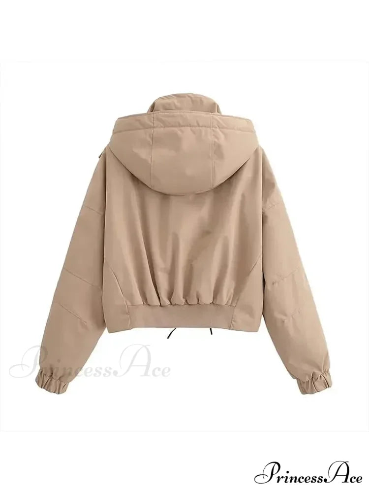 Autumn Chic Stand Collar Hooded Long Sleeves Zipper Pocket Crop Warm Stylish Coat Khaki / S