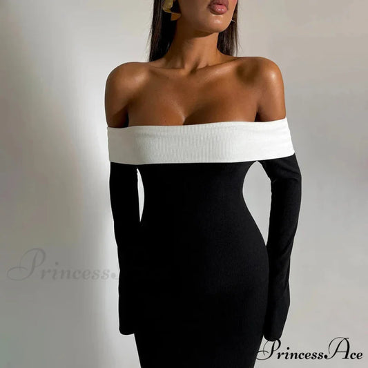 Autumn Club Neck Backless Patchwork Sexy Elegant Long Sleeve High Waist Midi Party Bodycon Dress Black / S