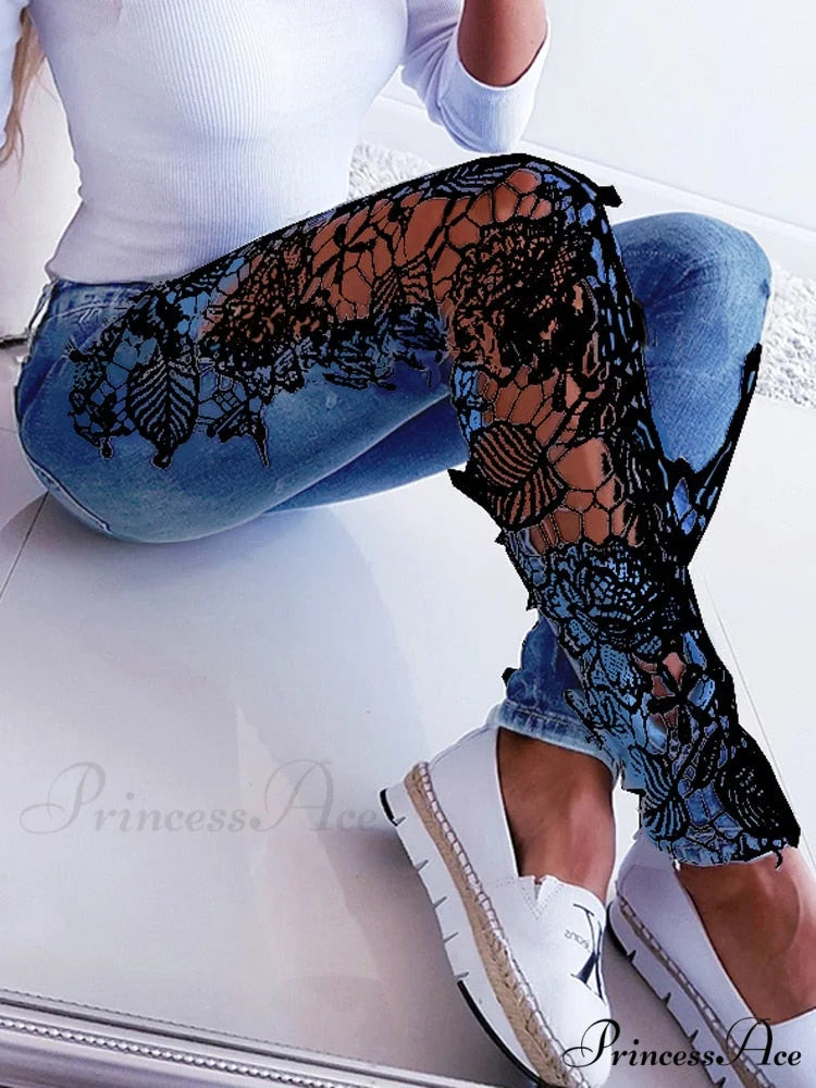 Autumn Denim Hollow-Out Flowered Elegant 3XL Crochet Women Jeans Lace Sexy Pencil Black / S