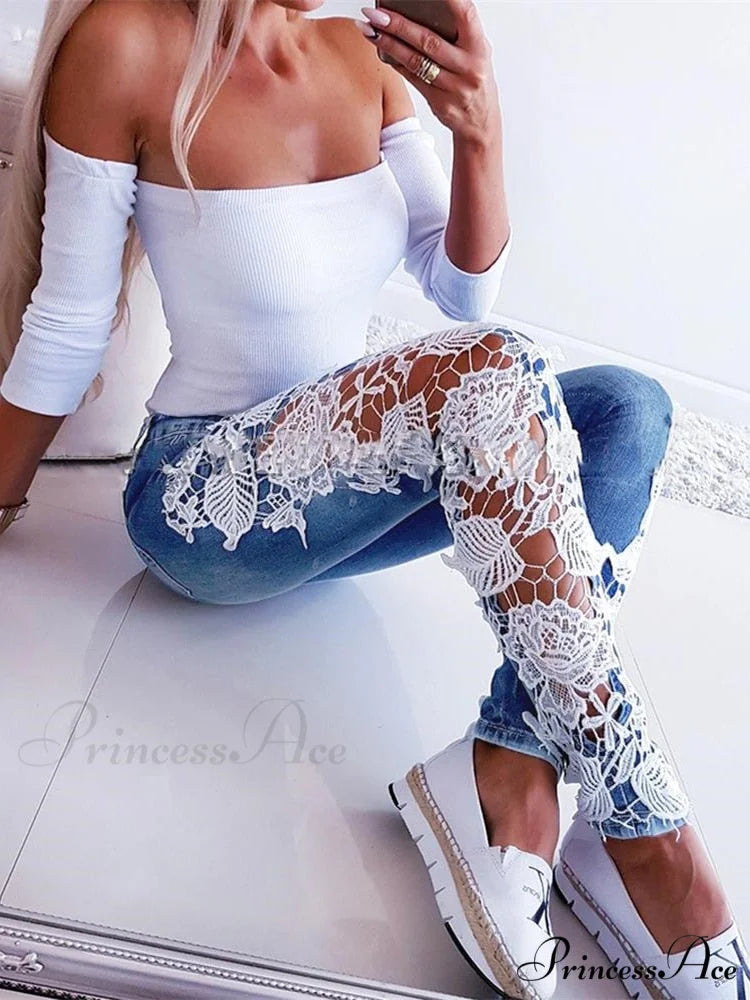 Autumn Denim Hollow-Out Flowered Elegant 3XL Crochet Women Jeans Lace Sexy Pencil Sky Blue / S