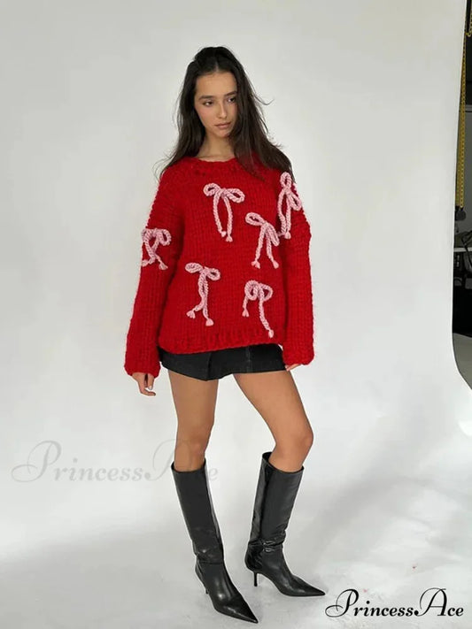 Autumn Elegant Retro 3D Bow Print Loose Casual Holiday Christmas Sweater