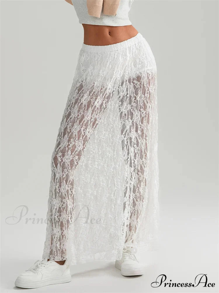 Autumn Extended Maxi Skirt Stretchy Waistband Lace Floral Informal Skirt skirt-250126