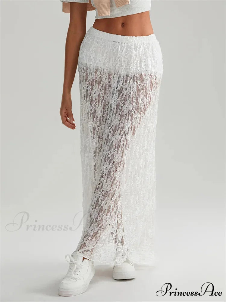 Autumn Extended Maxi Skirt Stretchy Waistband Lace Floral Informal Skirt skirt-250126