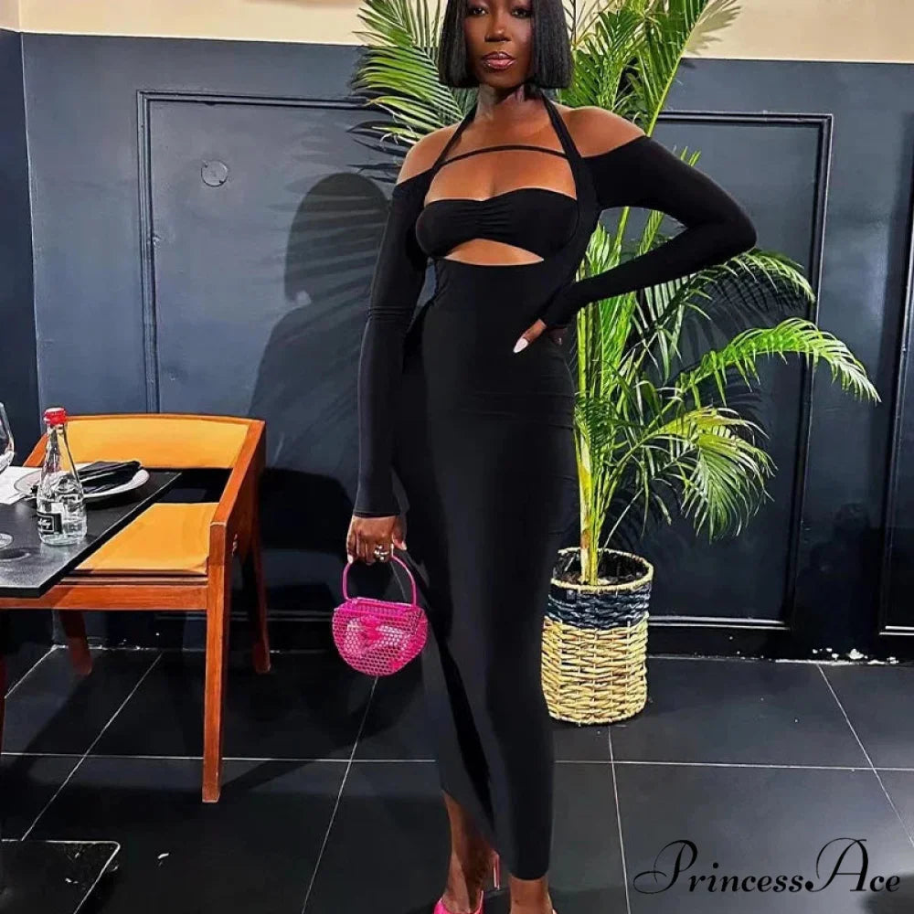 Autumn Fashion Solid Color Slim Fit Bandage Long Sleeve Cut Out Dress Black / S