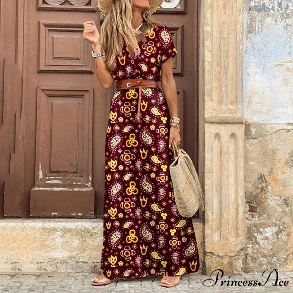 Autumn Female Short Sleeve Sexy High Split Maxi Boho Dress Wine red / S