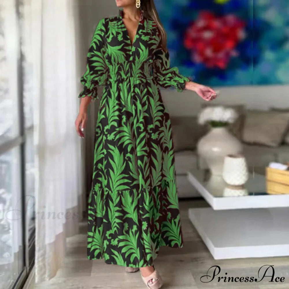 Autumn Floral Print Long Sleeve Boho Dress green and black / S
