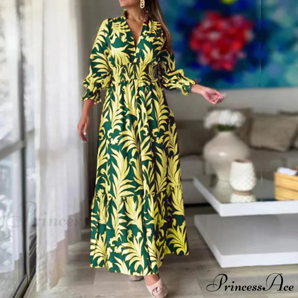 Autumn Floral Print Long Sleeve Boho Dress green and yellow / S