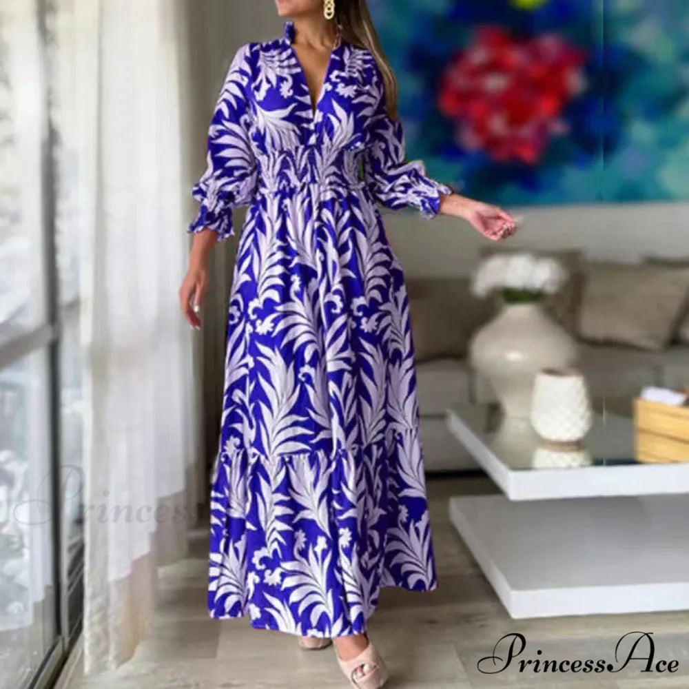 Autumn Floral Print Long Sleeve Boho Dress white and blue / S