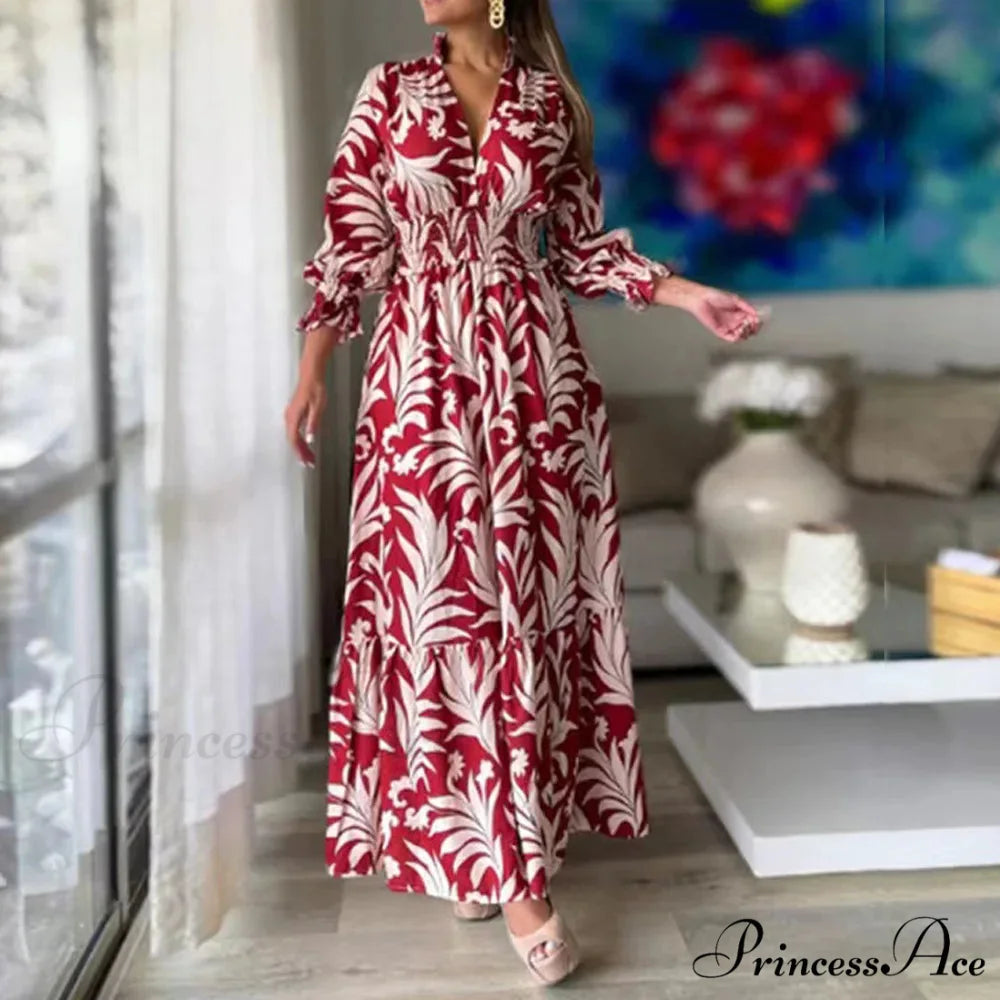 Autumn Floral Print Long Sleeve Boho Dress White and red / S