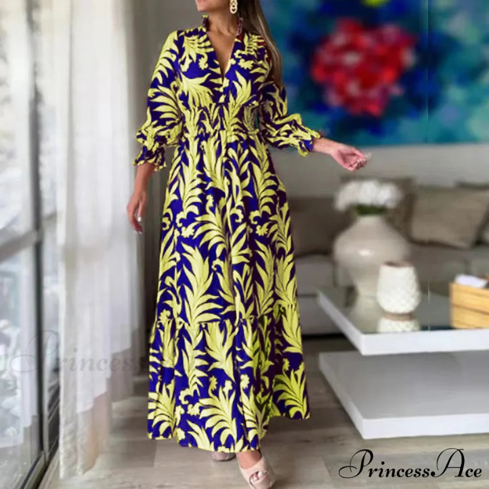 Autumn Floral Print Long Sleeve Boho Dress yellow and blue / S