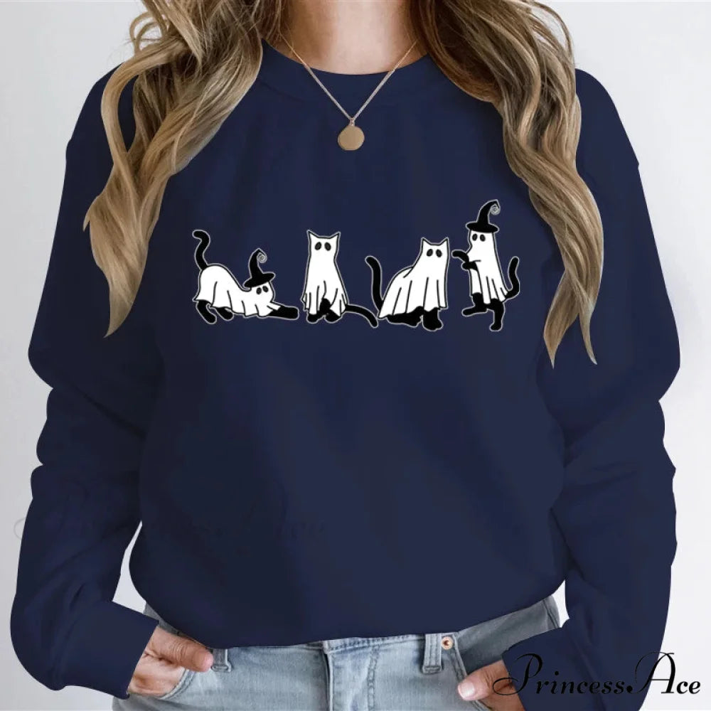 Autumn Ghost Cat Graphic Comfortable Hoodie DEEP BLUE / XS Sweatshirts & Hoodies-L