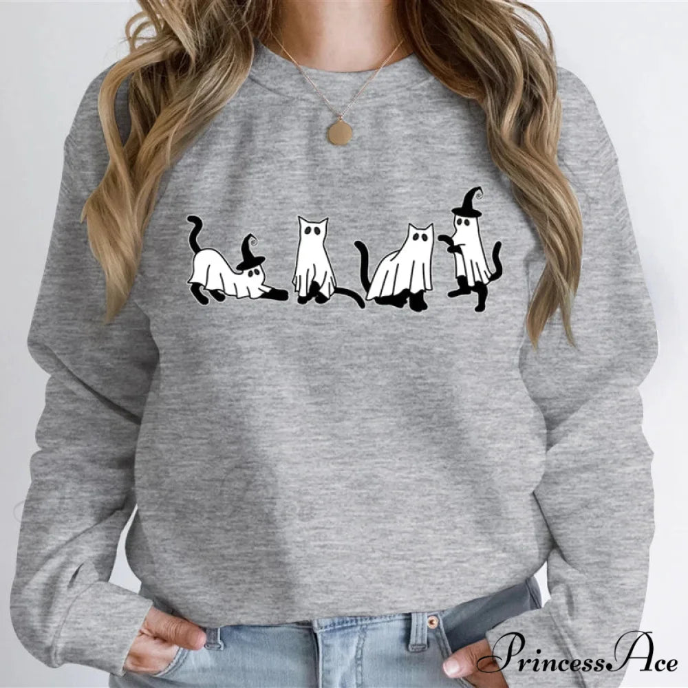 Autumn Ghost Cat Graphic Comfortable Hoodie GRAY / XS Sweatshirts & Hoodies-L