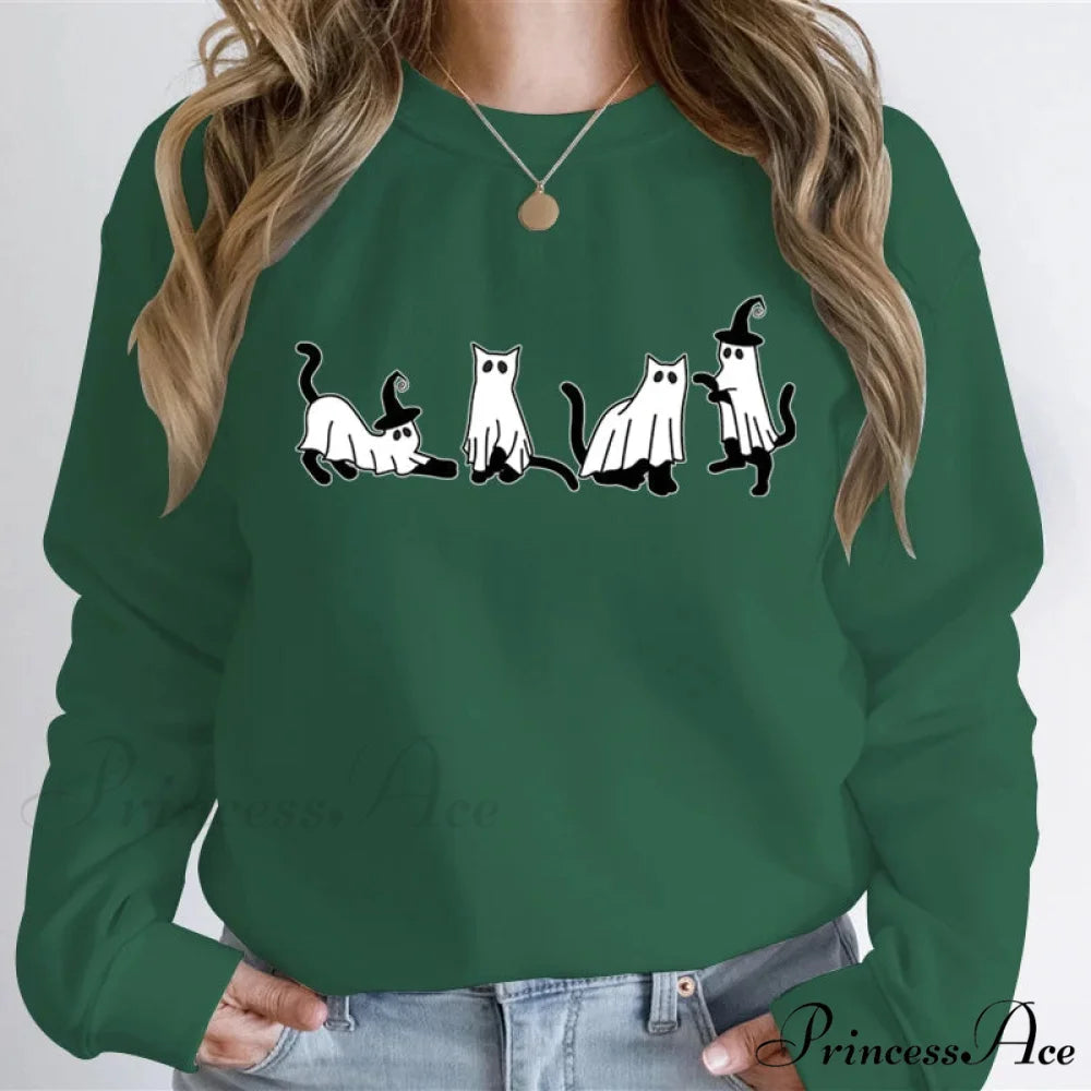 Autumn Ghost Cat Graphic Comfortable Hoodie Green / XS Sweatshirts & Hoodies-L