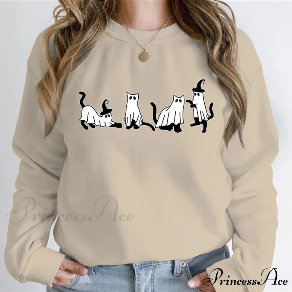 Autumn Ghost Cat Graphic Comfortable Hoodie Khaki / XS Sweatshirts & Hoodies-L