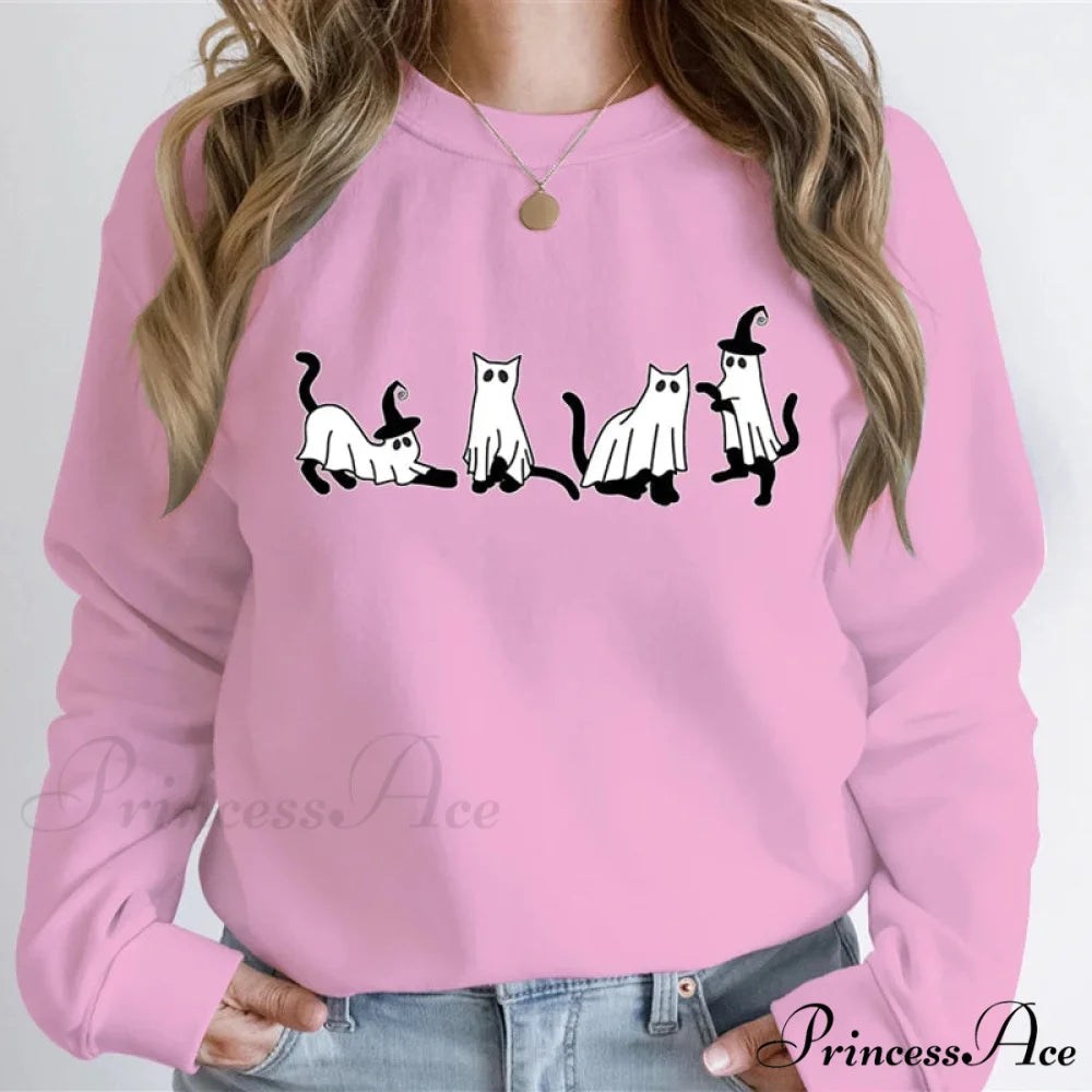 Autumn Ghost Cat Graphic Comfortable Hoodie Pink / XS Sweatshirts & Hoodies-L