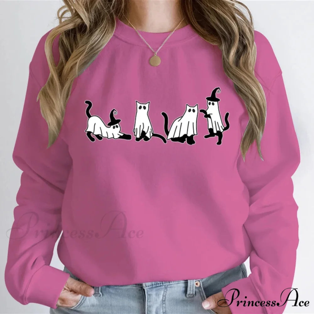 Autumn Ghost Cat Graphic Comfortable Hoodie Watermelon red / XS Sweatshirts & Hoodies-L