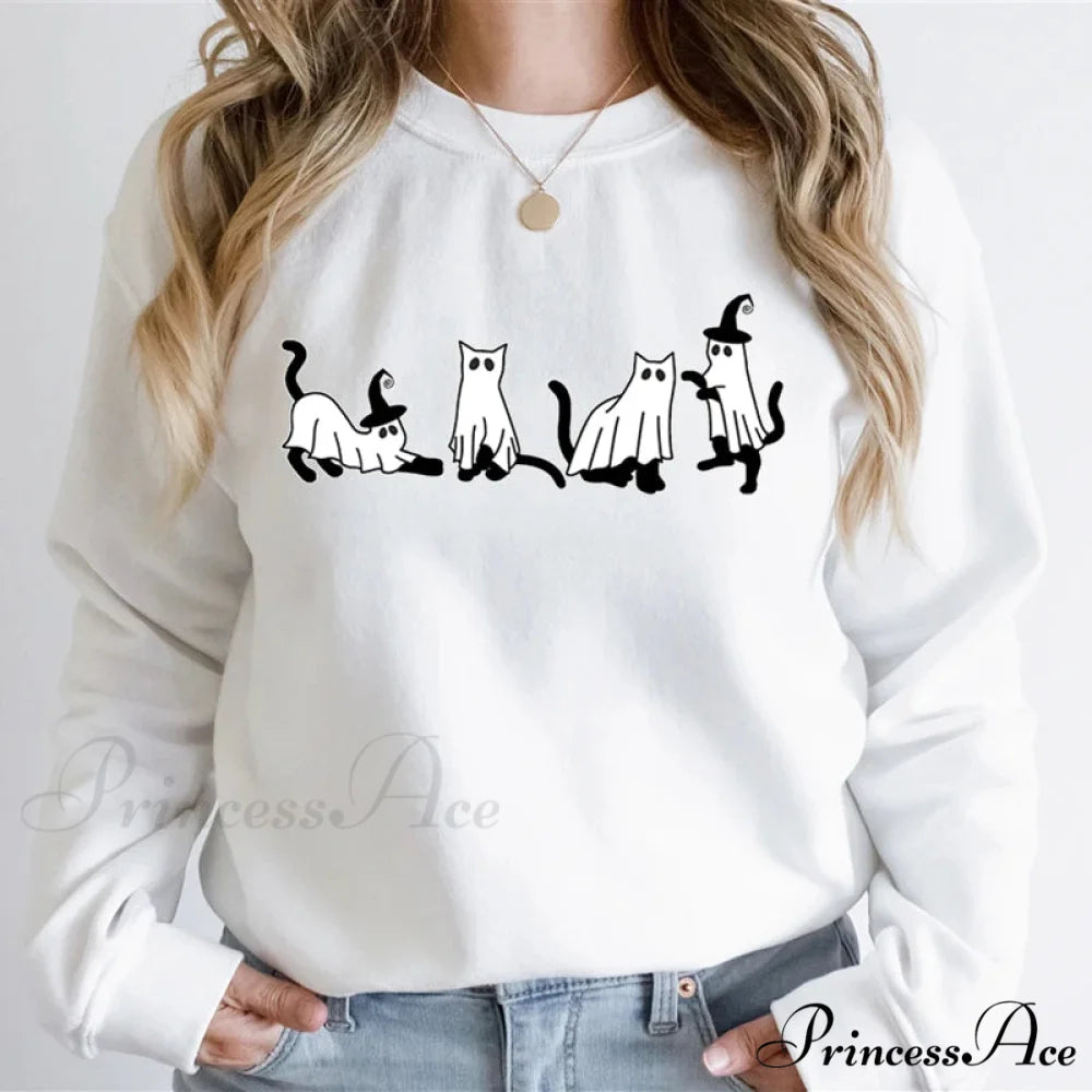 Autumn Ghost Cat Graphic Comfortable Hoodie WHITE / XS Sweatshirts & Hoodies-L