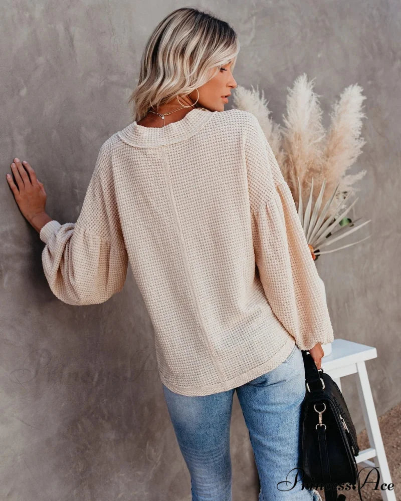 Autumn Knit V-Neck Long Lantern Sleeve Casual Sweater