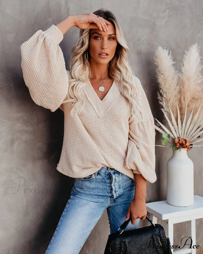 Autumn Knit V-Neck Long Lantern Sleeve Casual Sweater