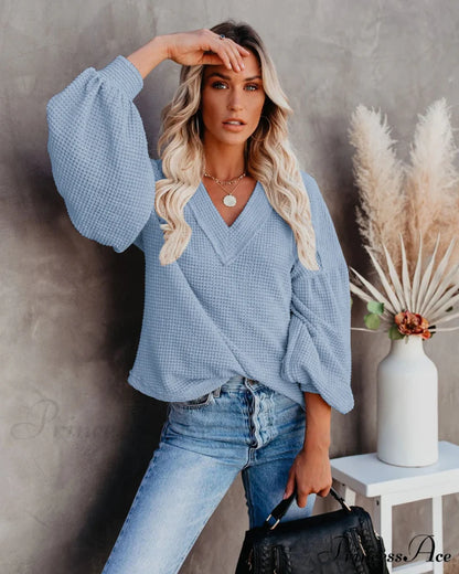 Autumn Knit V-Neck Long Lantern Sleeve Casual Sweater