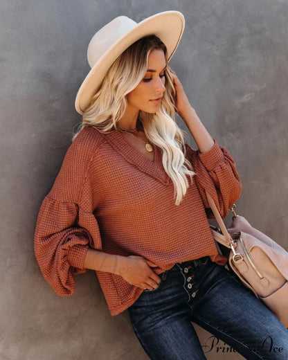 Autumn Knit V-Neck Long Lantern Sleeve Casual Sweater