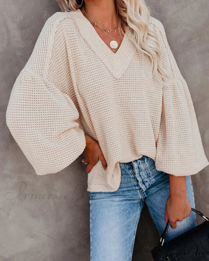 Autumn Knit V-Neck Long Lantern Sleeve Casual Sweater