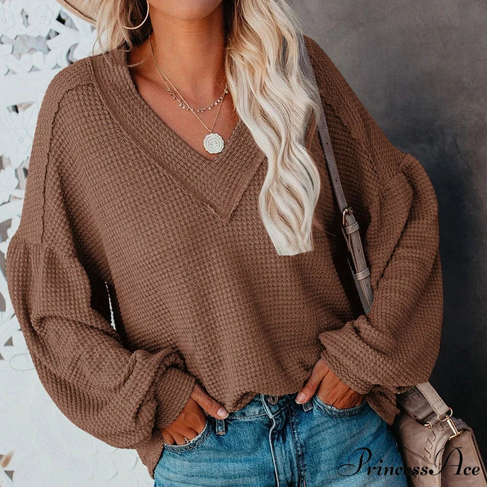 Autumn Knit V-Neck Long Lantern Sleeve Casual Sweater Auburn / S